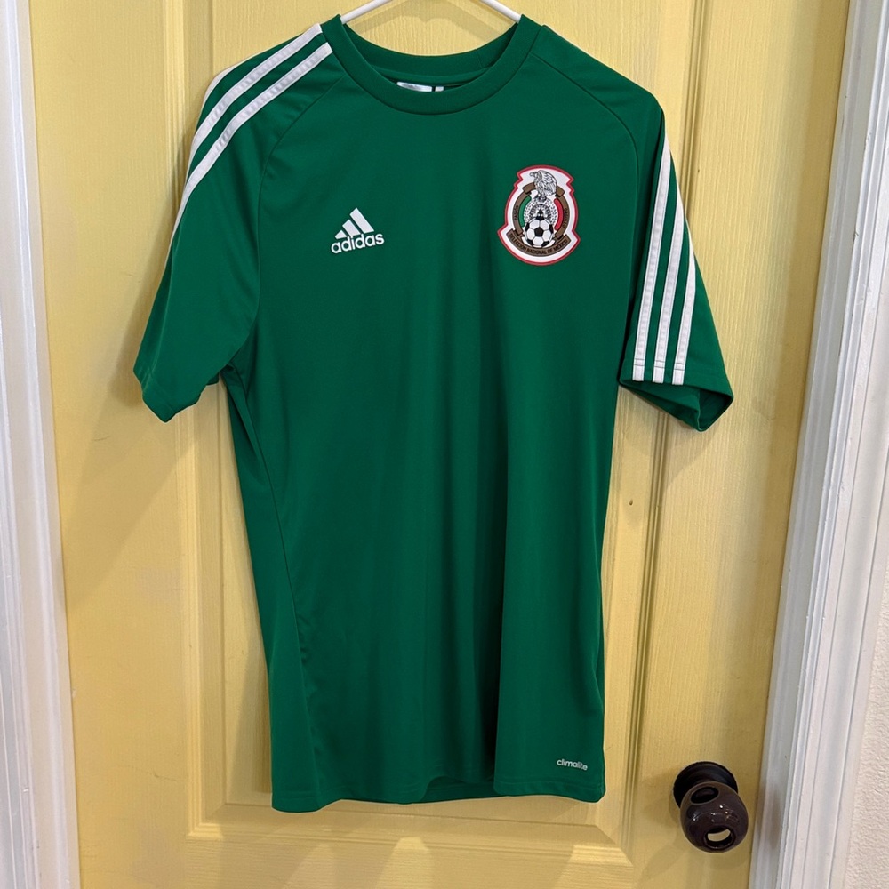 adidas Green Mexico Soccer Jersey with White Stripes and Crest